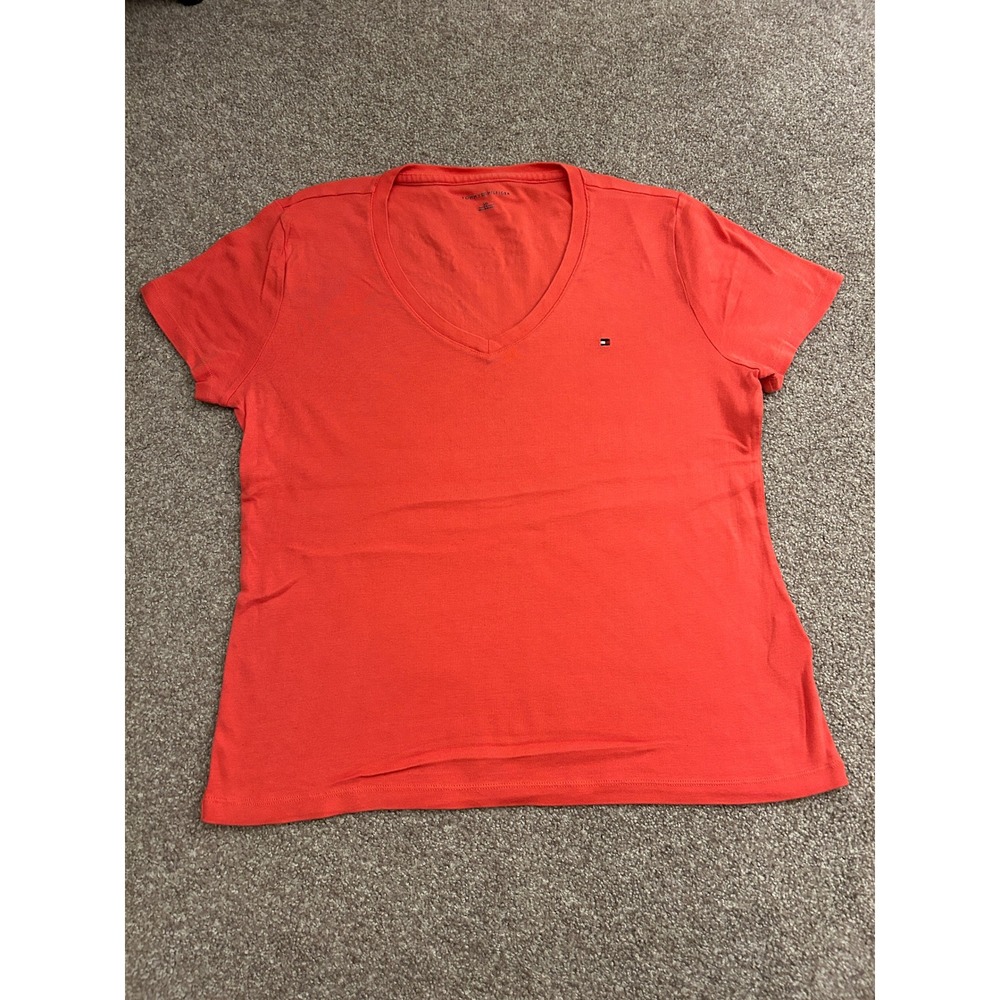 Tommy Hilfiger V-Neck T-Shirt Womens Large Orange Excellent Embroidered Logo